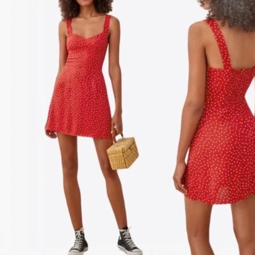Reformation Humphrey Sweetheart Red Mini Dress in Ditty Polka Dot size 8